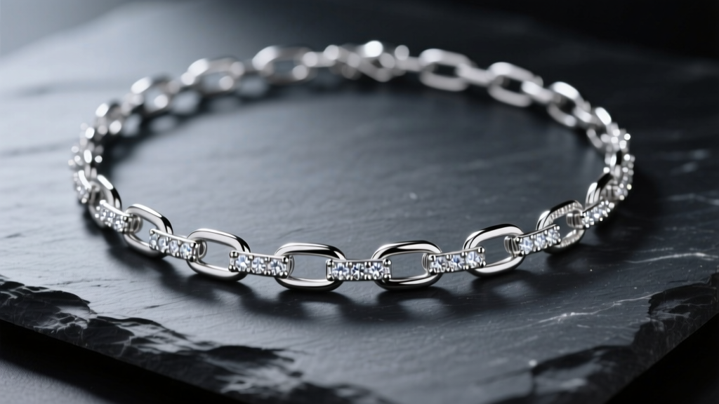 Close-up of a Dyadema 925 Italy paperclip link necklace on dark slate, highlighting rhodium plating and pavé diamond details
