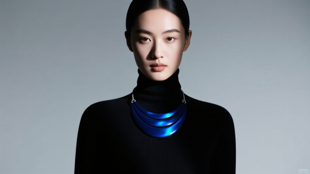Young woman wearing a layered dark blue mood pendant necklace over a black turtleneck sweater, illuminated by moody studio lighting.