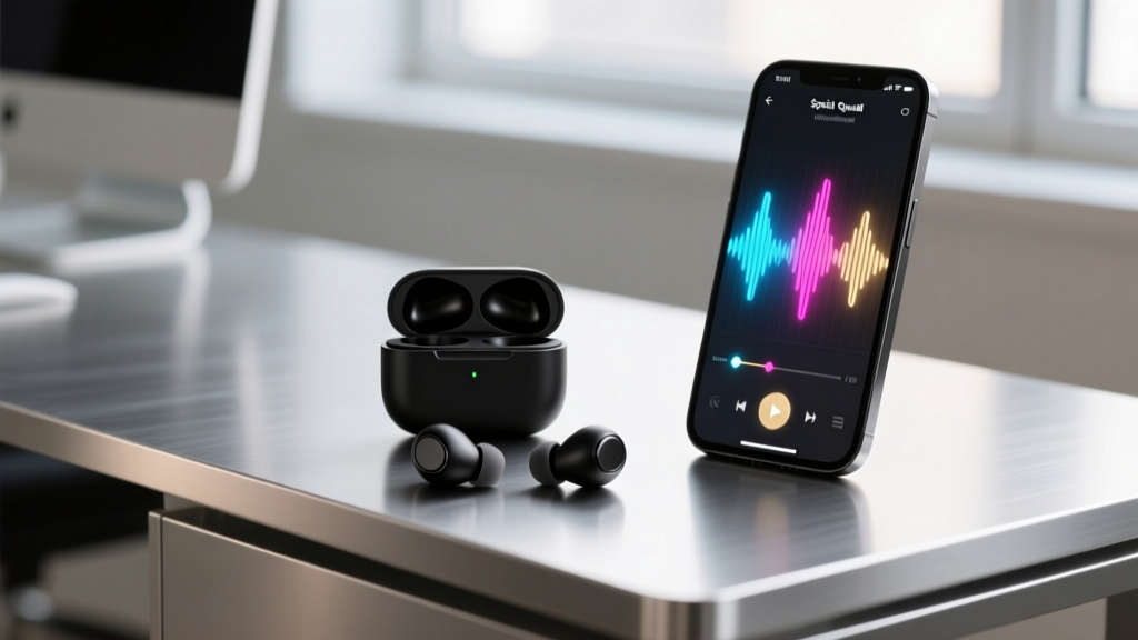 Matte-black true wireless earbuds on a brushed aluminum desk next to a smartphone displaying a spatial audio equalizer interface