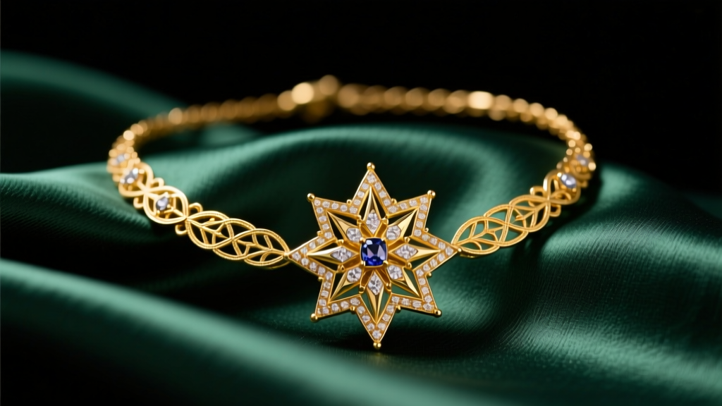 Vintage 14k yellow gold starburst necklace resting on dark emerald silk fabric, illuminated by soft warm studio lighting