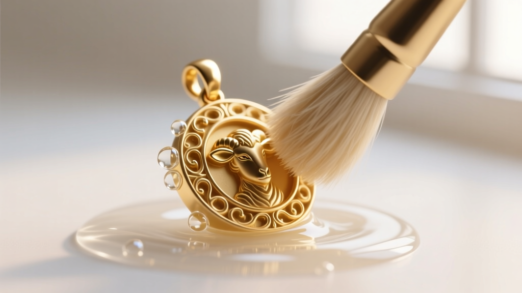 Soft goat-hair brush gently cleaning the recessed crevices of a mini bas relief gold pendant submerged in a mild soapy solution.