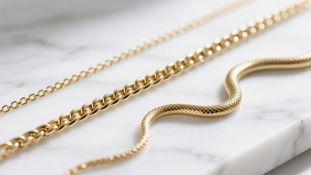 Macro shot of three white gold chains: a 1mm box chain, 1.2mm wheat chain, and 0.8mm snake chain on a white marble surface