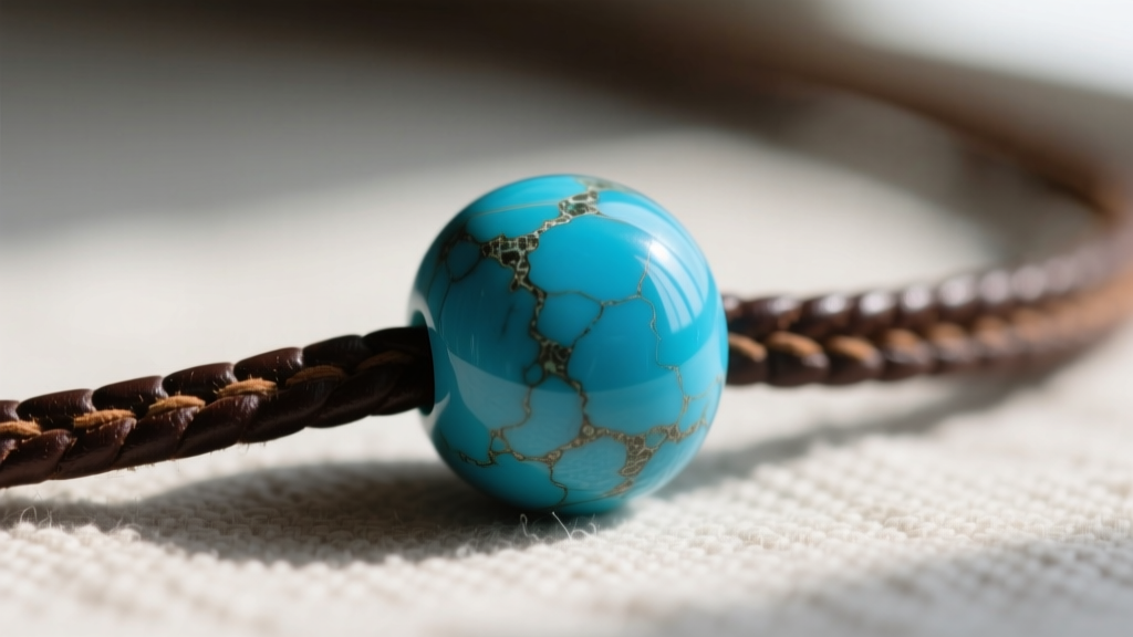 Macro photography of a high-grade natural Sleeping Beauty turquoise bead resting on a dark brown vegetable-tanned leather cord
