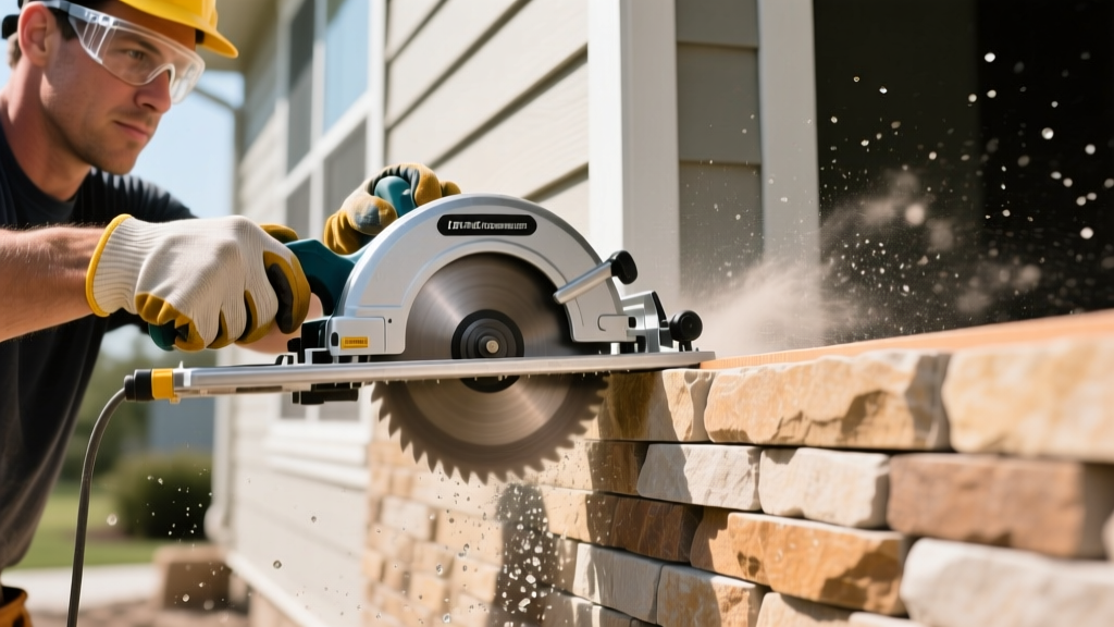 Masonry contractor using a 10-inch wet tile saw to cut manufactured stone veneer on a residential exterior cladding project