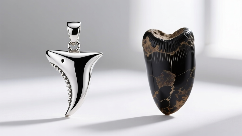 Side-by-side macro comparison of a polished 925 sterling silver shark tooth pendant and a natural matte black fossilized tooth
