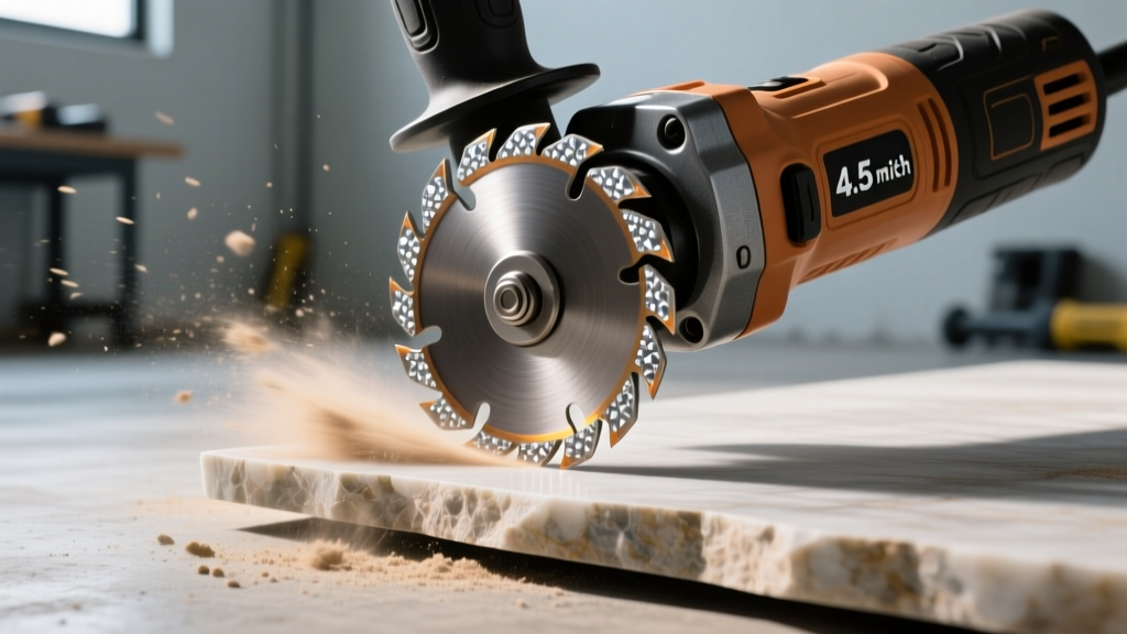 Close up of a turbo rim diamond blade installed on a 4.5-inch brushless angle grinder used for cutting natural stone veneer