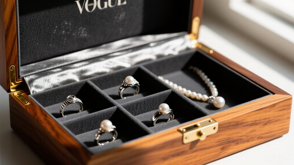 Interior of a walnut box lined with dark grey Pacific Silvercloth, showing compartments for silver rings and pearl necklaces.