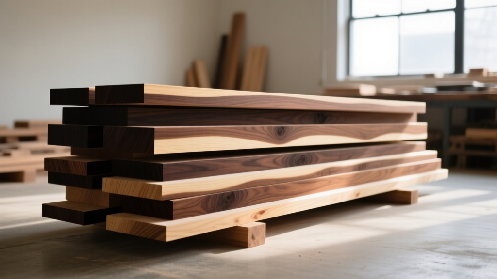 Stacked Black Walnut and Claro Walnut lumber boards showing rich dark heartwood and pale sapwood edges in a bright woodshop