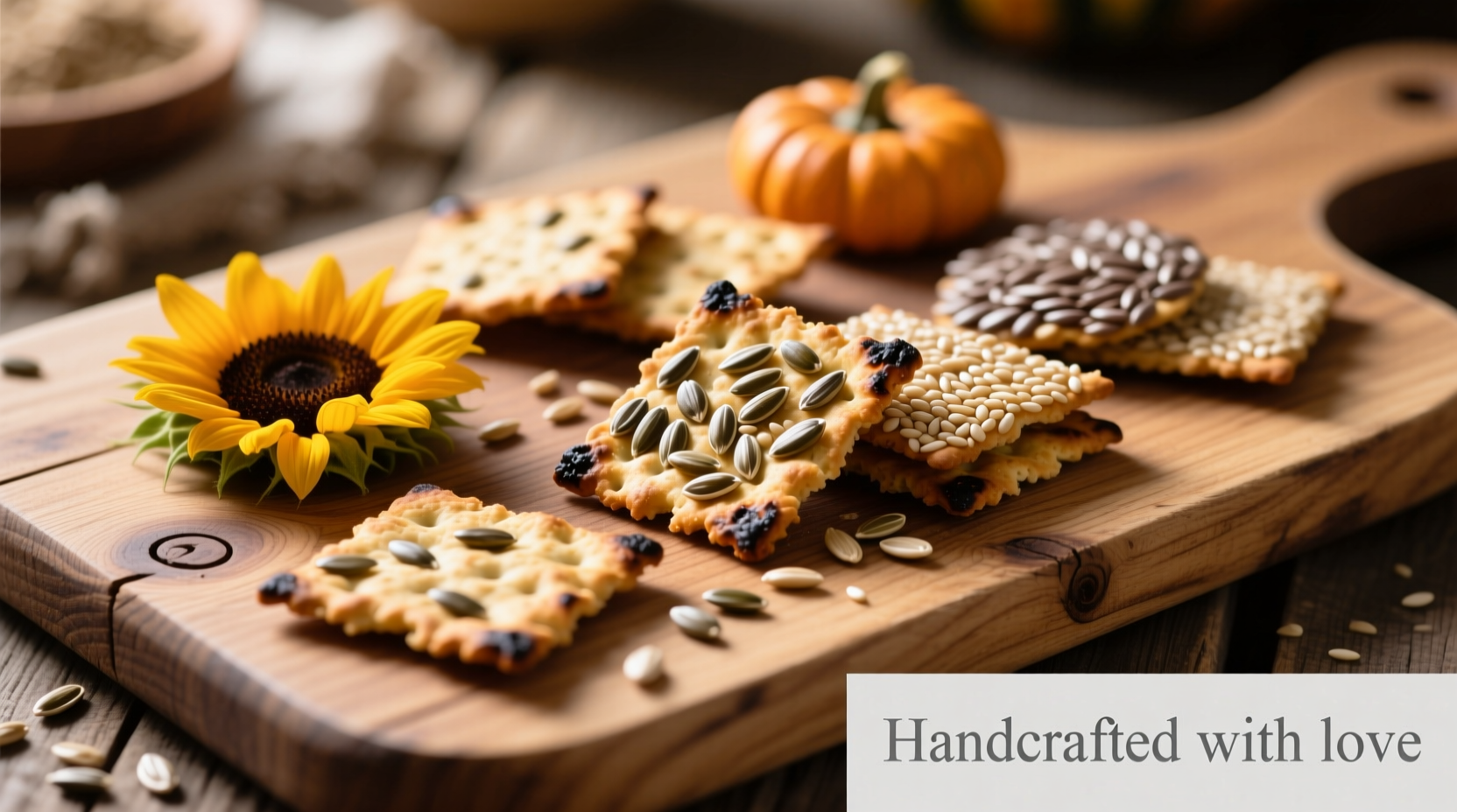 Homemade seed crackers on wooden board
