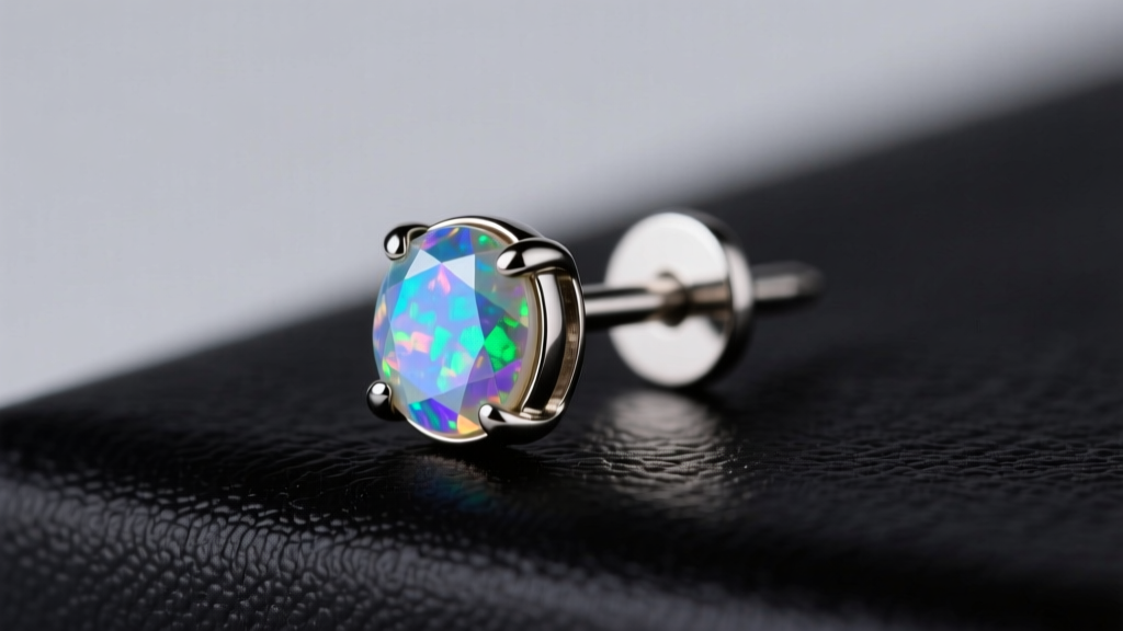 Close-up of an ASTM F-136 titanium flat back labret earring with a bezel-set opal gemstone resting on a dark matte surface