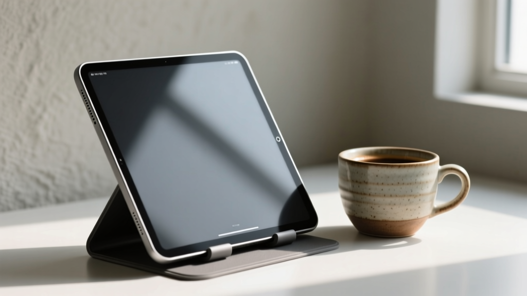 Side profile of tablet resting on low-profile adhesive kickstand demonstrating 60-degree viewing angle next to a ceramic coffee cup