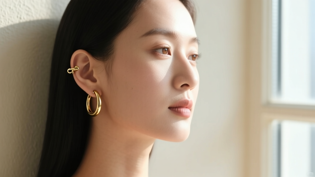 Profile of a woman wearing minimalist gold-plated brass hoop earrings, highlighting the clicker closure mechanism on her earlobe.