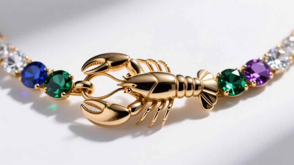 Detailed view of a brass lobster clasp on a crystal rhinestone necklace showing the soldered jump ring and polished metal finish.