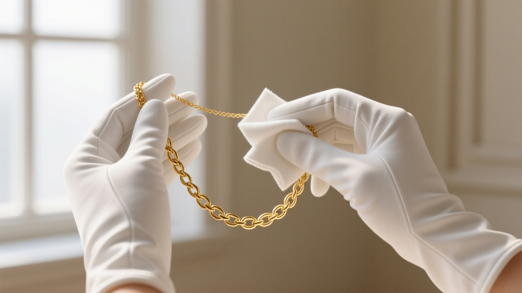 Hands wearing white cotton gloves gently wiping a delicate gold-toned chain necklace with a dry microfiber polishing cloth.