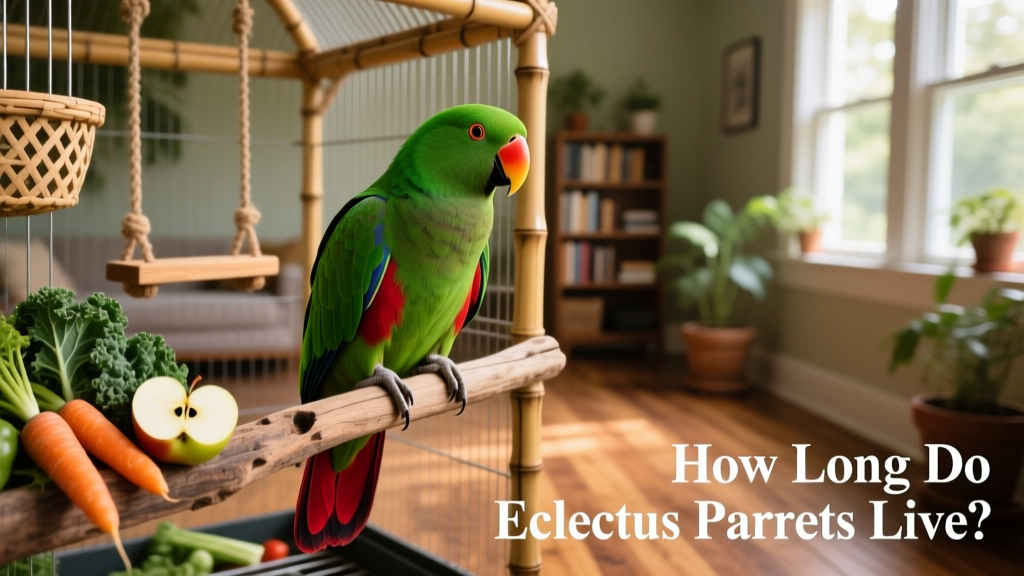 Eclectus parrot perched calmly on a natural wood perch inside a spacious, enriched cage with hanging toys and fresh vegetables nearby