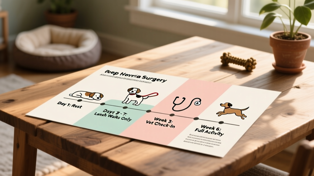 Infographic showing step-by-step recovery timeline after hernia surgery: day 1 rest, days 3–7 leash walks only, week 3 vet check-in, full activity by week 6