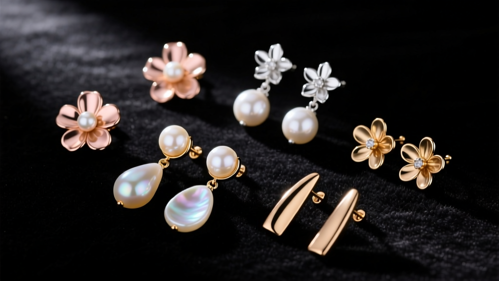 Flat lay of various flower pearl earrings on dark velvet, showing different metal colors and pearl shapes under spotlight beam