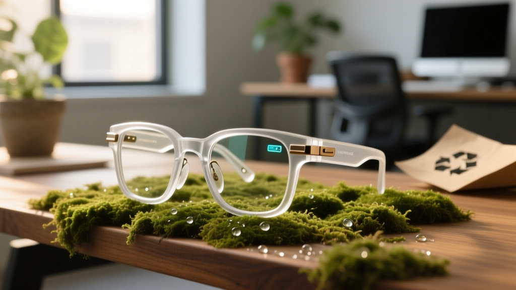 Sustainable bio-acetate smart glasses resting on a mossy desk, highlighting eco-friendly AR wearable gadgets in soft natural light.