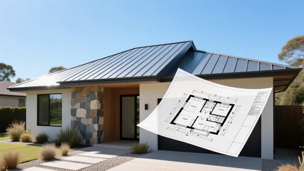 Modern home featuring a sleek standing seam metal roof and synthetic slate accents under a clear sky with architectural blueprints