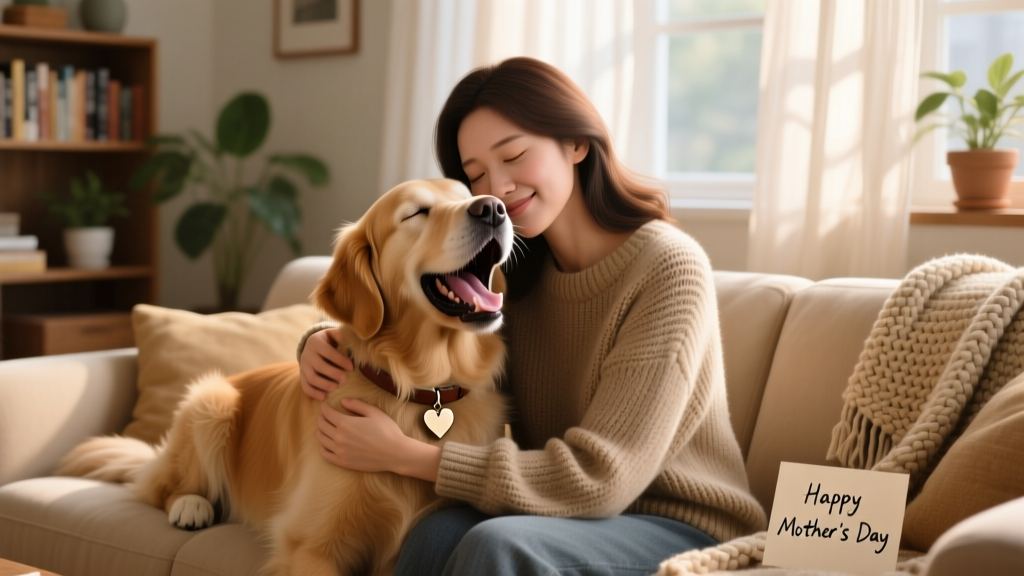 A woman cuddling a yawning dog while sitting on the sofa