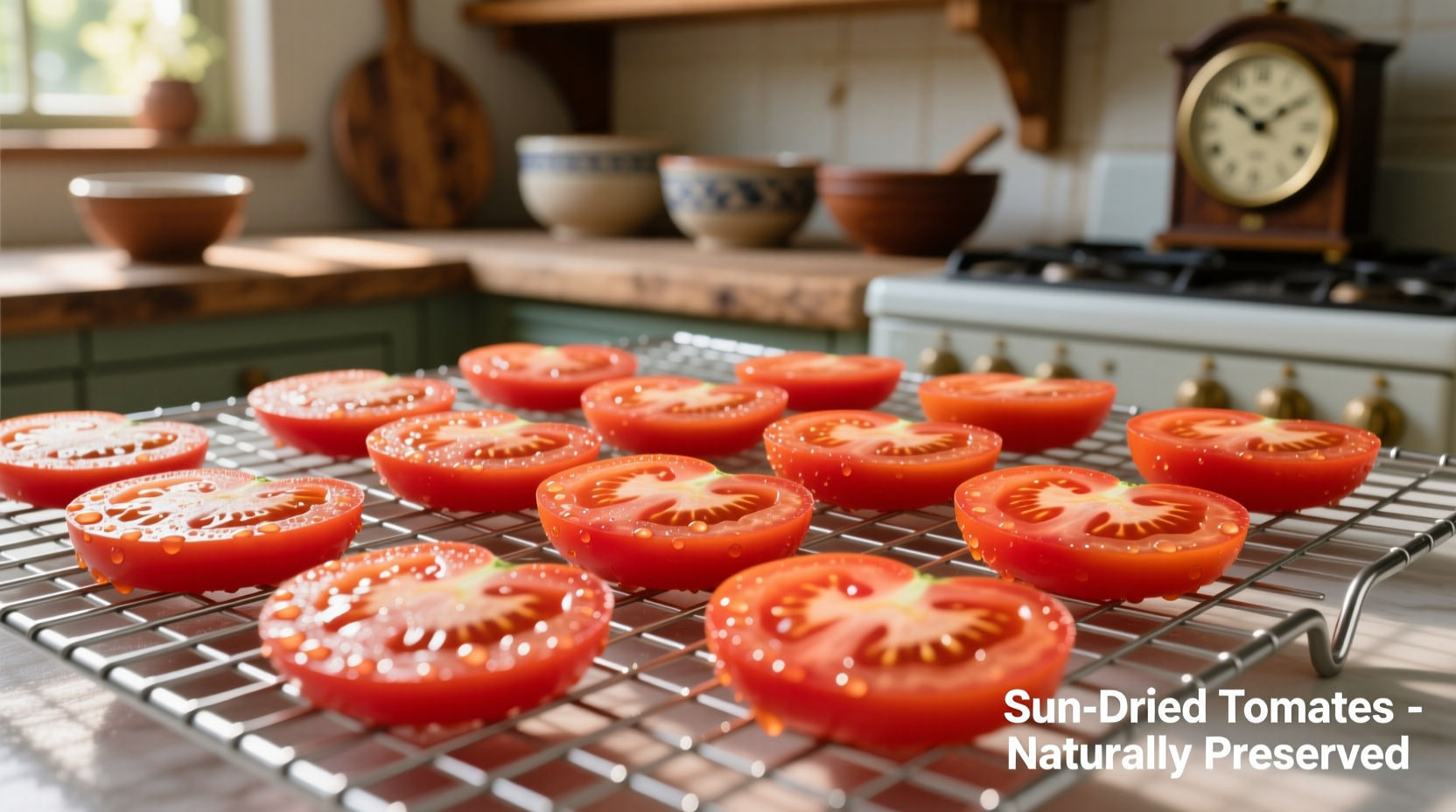 Tomato slices arranged on mesh drying racks