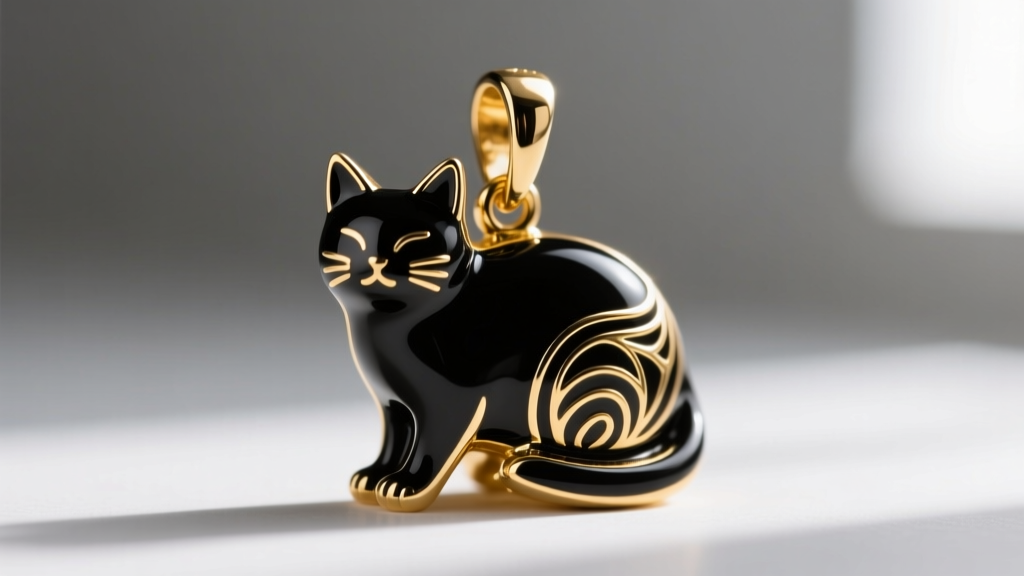 Close-up of a hard enamel black cat charm with gold plating, showing the smooth polished finish and detailed metal line work.