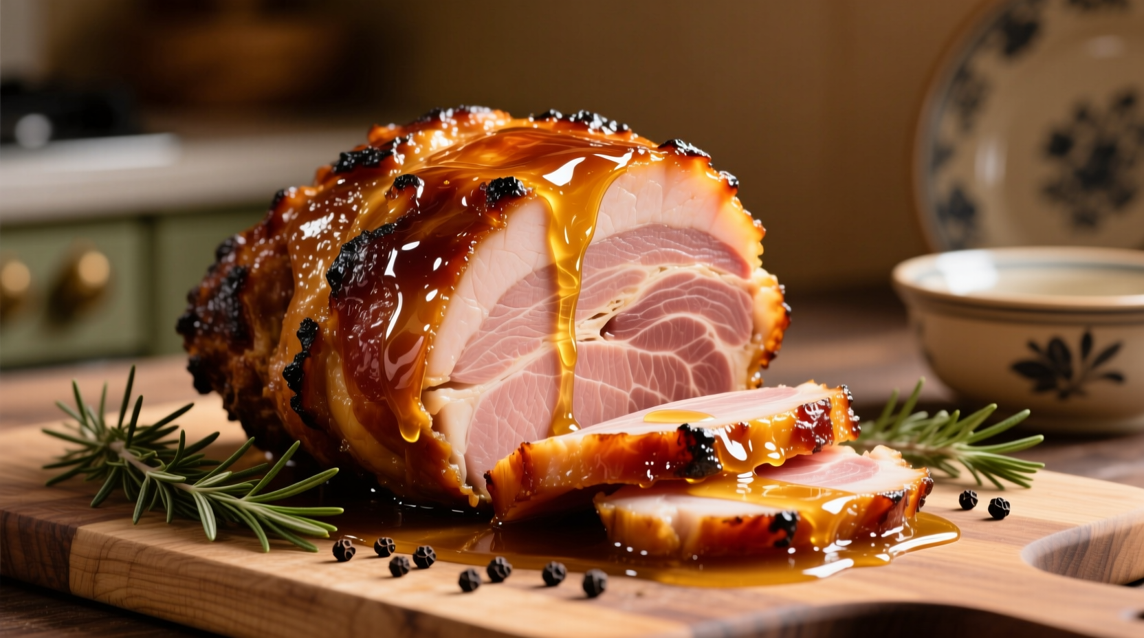 Golden honey glazed ham with caramelized surface