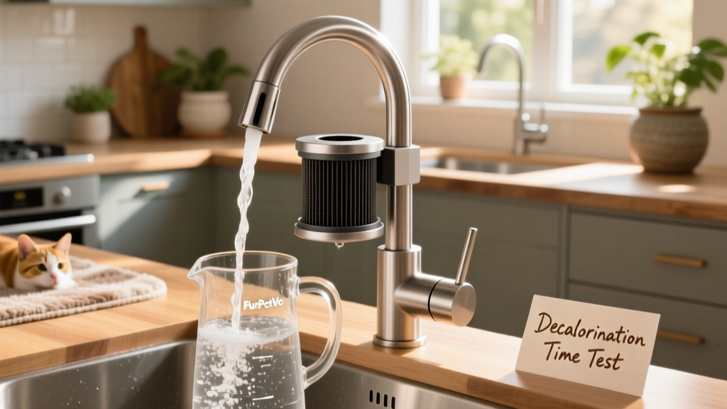 FurPetVo compact carbon filter attached to a faucet with clean water flowing into a glass pitcher