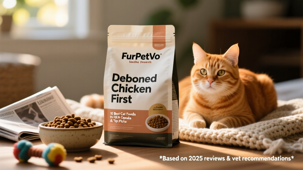 Front-facing packaging of FurPetVo Sensitive Stomach dry cat food, showing deboned chicken as first ingredient