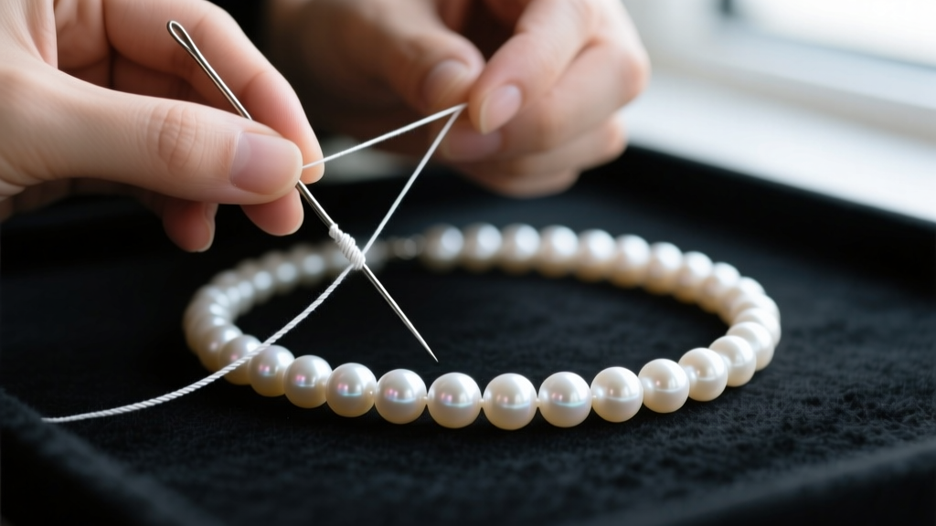 Hands threading a pearl necklace using fine white silk thread and a twisted wire needle on a dark felt jeweler's workbench pad