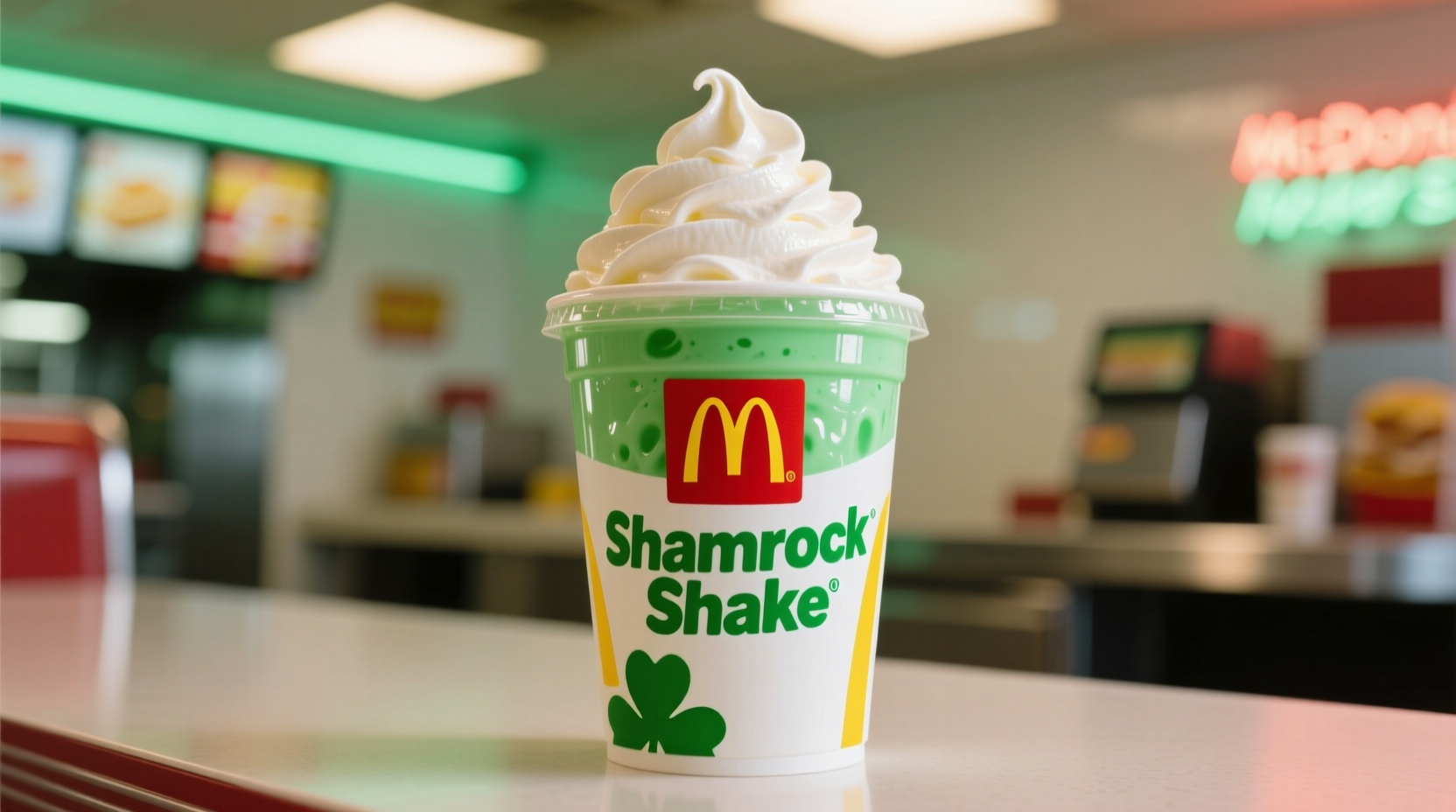 Green Shamrock Shake in McDonald's cup with whipped cream