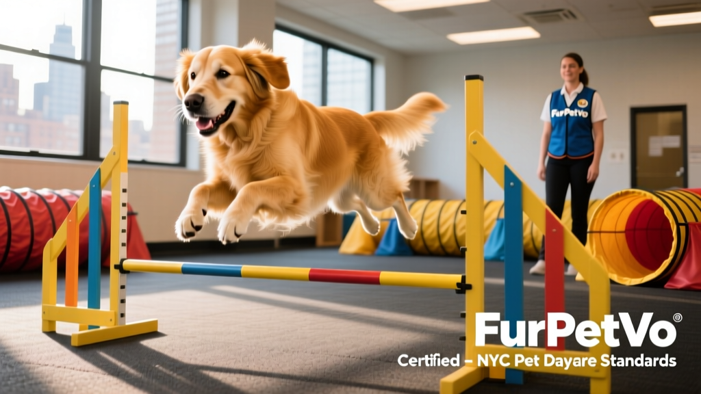 A golden retriever enjoying a supervised agility course at a FurPetVo-certified daycare