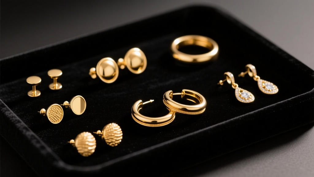Gold earring types including studs, hoops, and dangles laid out on a dark velvet tray under soft, warm studio lighting