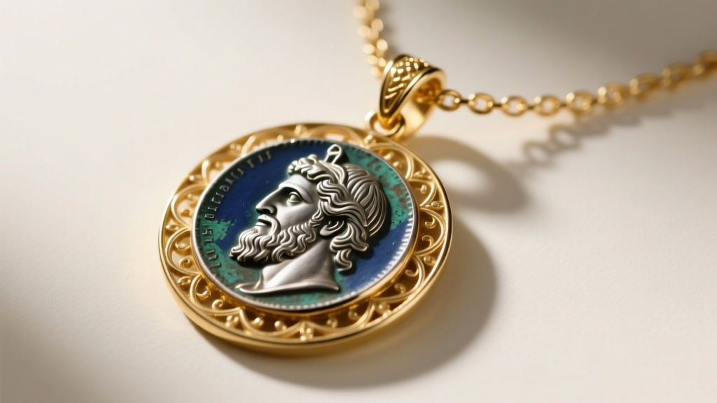 Close-up of ancient Greek coin replica necklace with 18k gold bezel setting, showing oxidized silver details and chain links