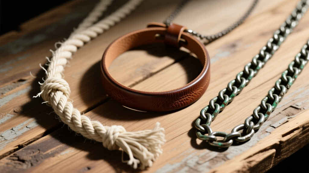 Overhead view of three necklace cords: frayed waxed cotton, smooth calfskin leather, and oxidized silver chain on rustic wood.