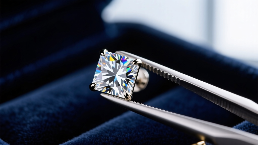 Macro shot of a princess-cut CZ stud earring held by tweezers, showing sharp corners and V-prongs against a dark velvet backdrop.
