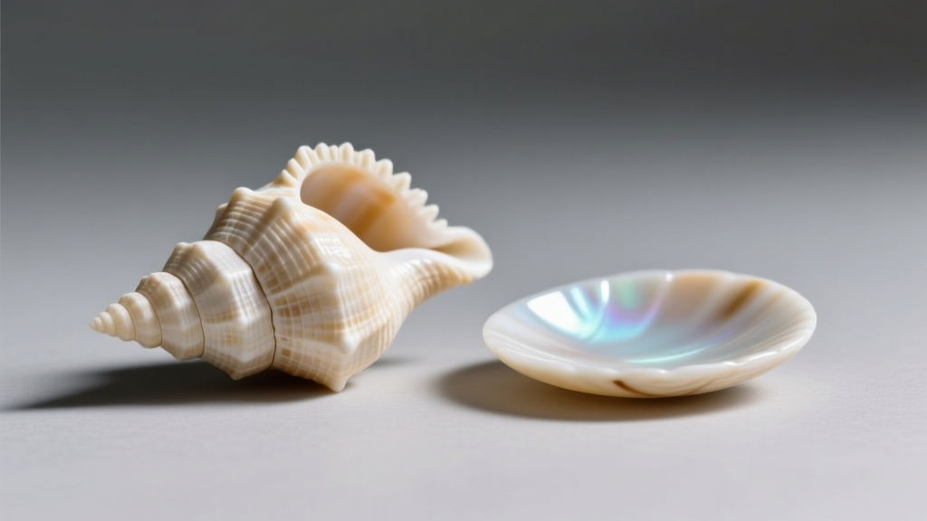 Close-up of a genuine cone-shaped puka shell next to a flat heishi shell imitation on a neutral gray background