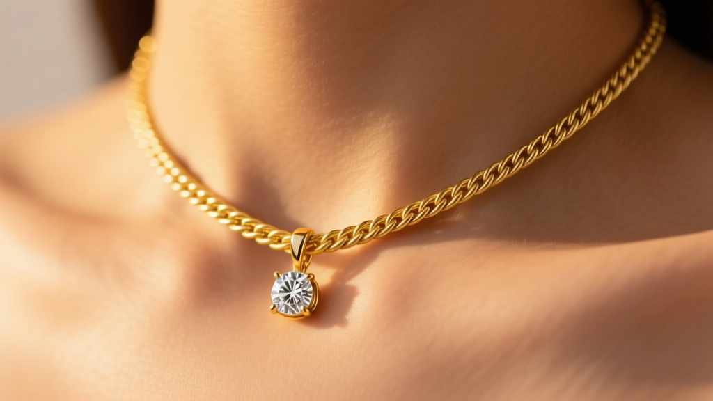 Close-up of a 14k yellow gold cable choker with a bezel-set diamond pendant resting on the collarbone under warm studio lighting.