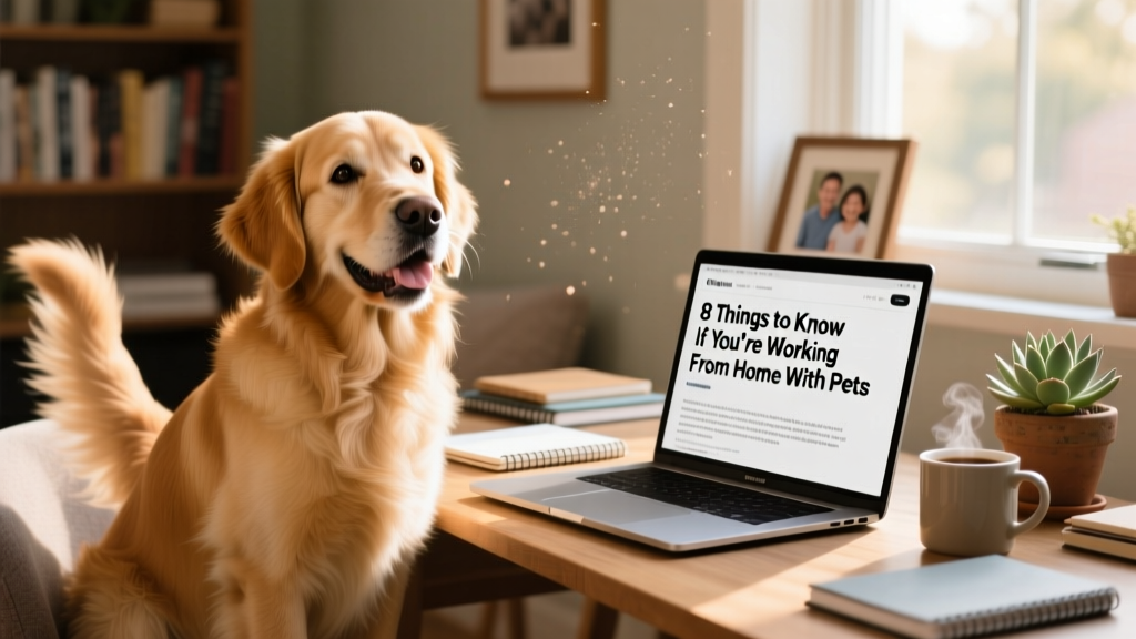 A happy dog sitting beside a laptop on a home desk, tail wagging