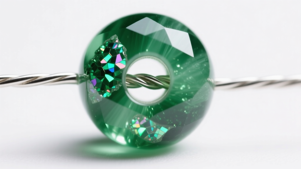 Macro shot of an 8mm green aventurine bead drill hole showing fuchsite mica inclusions and a silver beading wire passing through