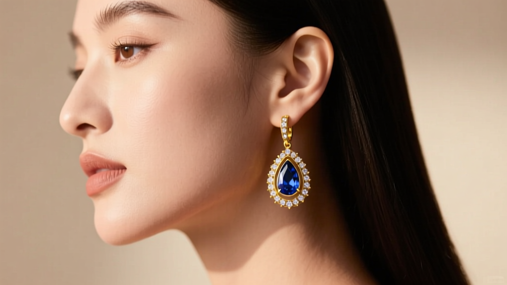 Side profile of a woman wearing 14k yellow gold dangle earrings with pear sapphires and diamond accents against soft lighting.