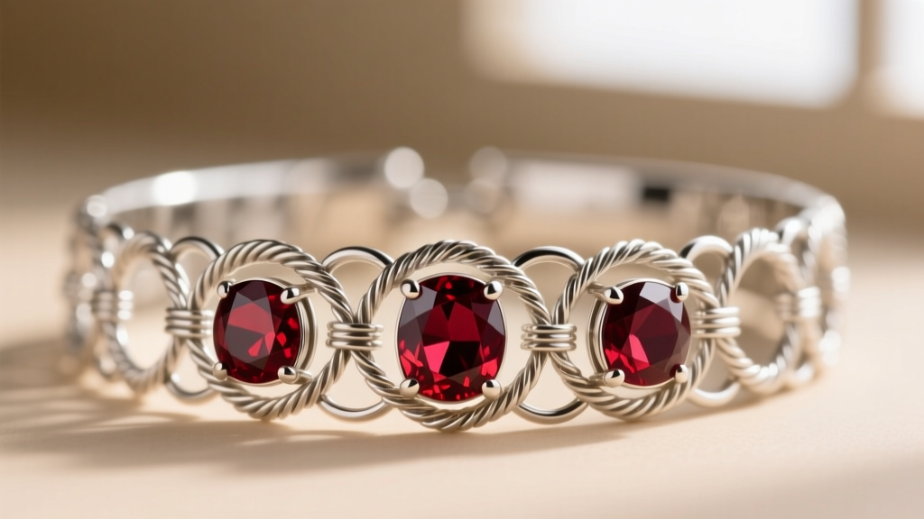 Macro photography of a sterling silver royal Naboo collar necklace, highlighting hand-soldered wire filigree and bezel-set garnets.