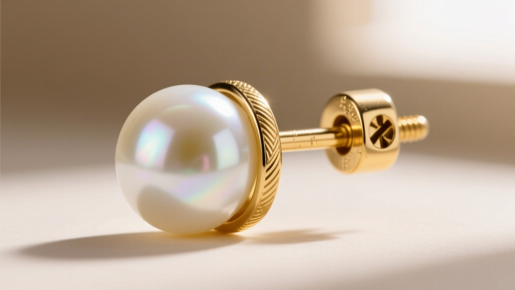 Macro photography of an 18-gauge gold earring post with a secure screw-back mechanism holding a heavy white teardrop pearl.