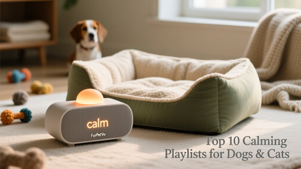 A sleek, compact FurPetVo speaker placed beside a cozy pet bed, with soft lighting and a subtle 'calm' icon glowing on its surface