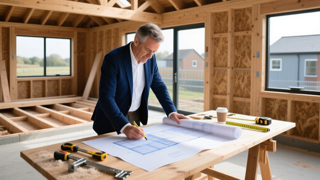Architect reviewing large blueprint plans on a wooden table at an active UK residential construction site with timber framing