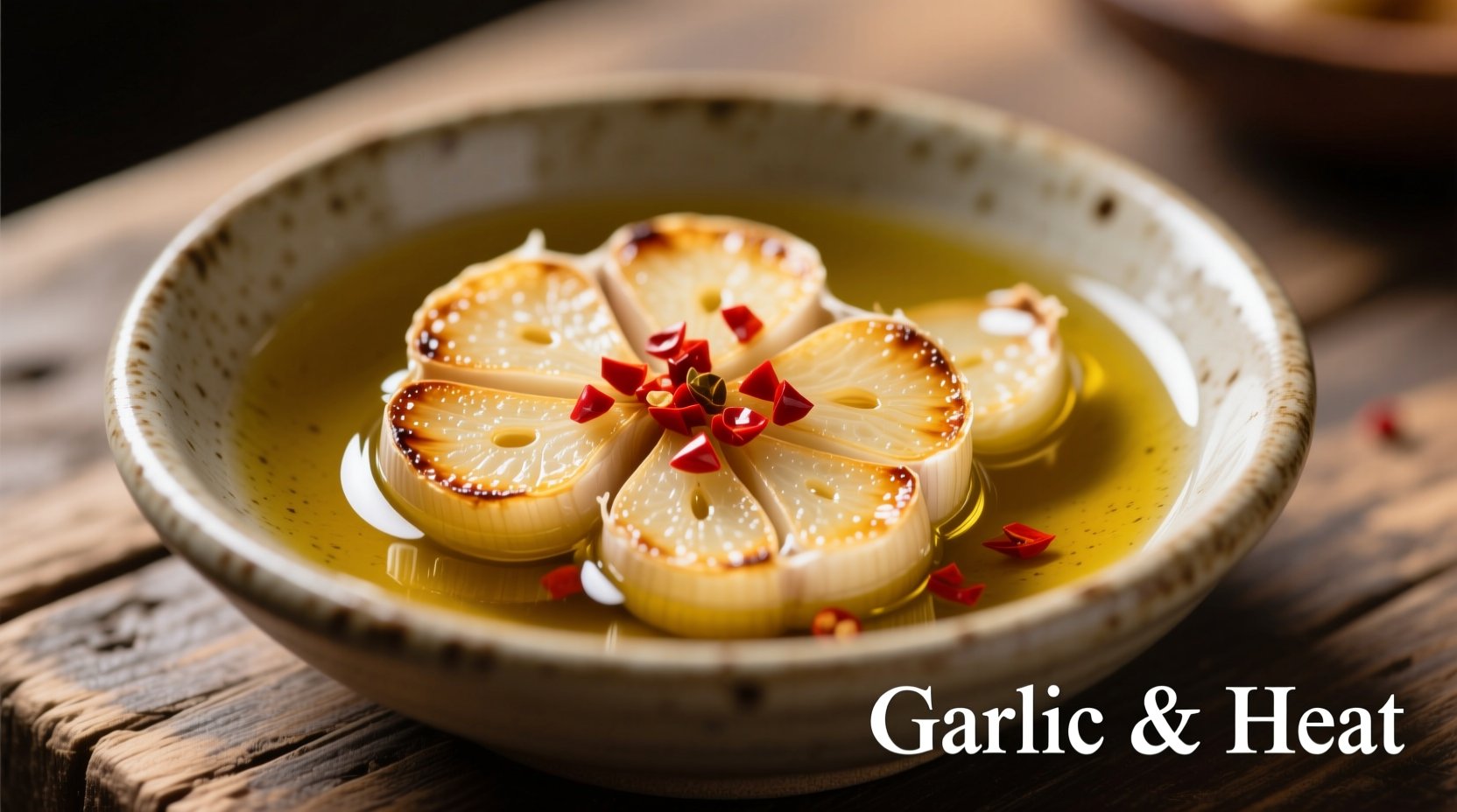 Golden garlic slices in olive oil with red pepper flakes