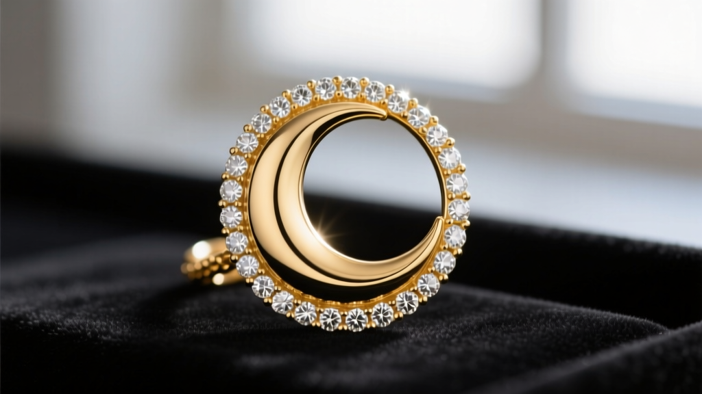 Macro photography of a celestial-themed 18k yellow gold pendant showing a detailed crescent moon with pave-set diamond stars.
