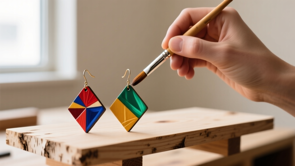 Artisan hands applying water-based polycrylic sealant with a fine brush over geometric, hand-painted birch plywood earring studs.