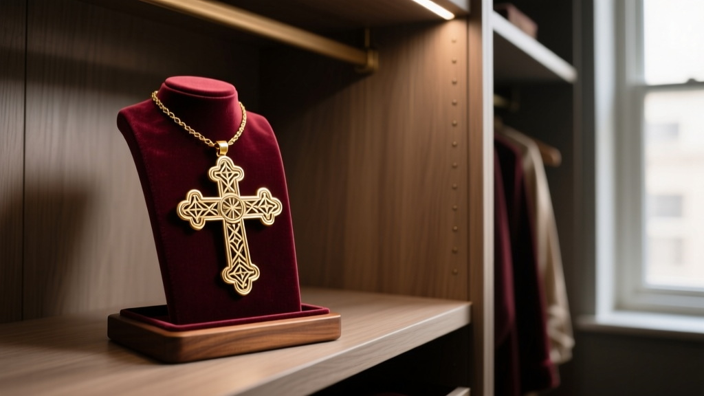 Polished gold Byzantine cross necklace hanging on a velvet-lined wooden jewelry stand inside an elegant, dimly lit walk-in closet