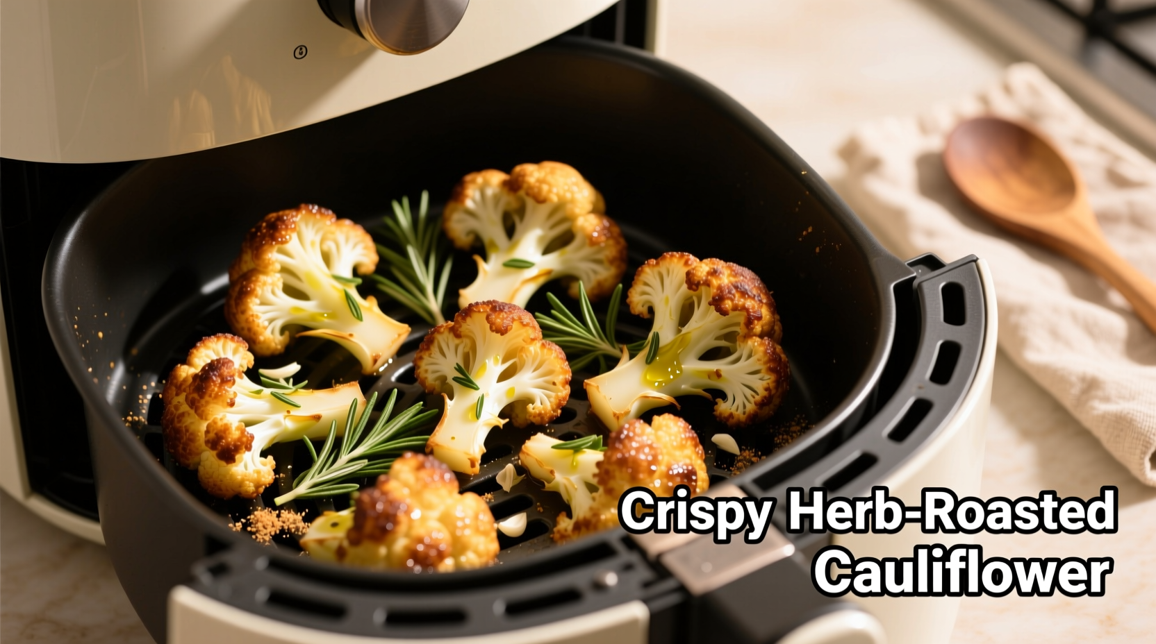 Golden brown air fryer cauliflower florets with herbs